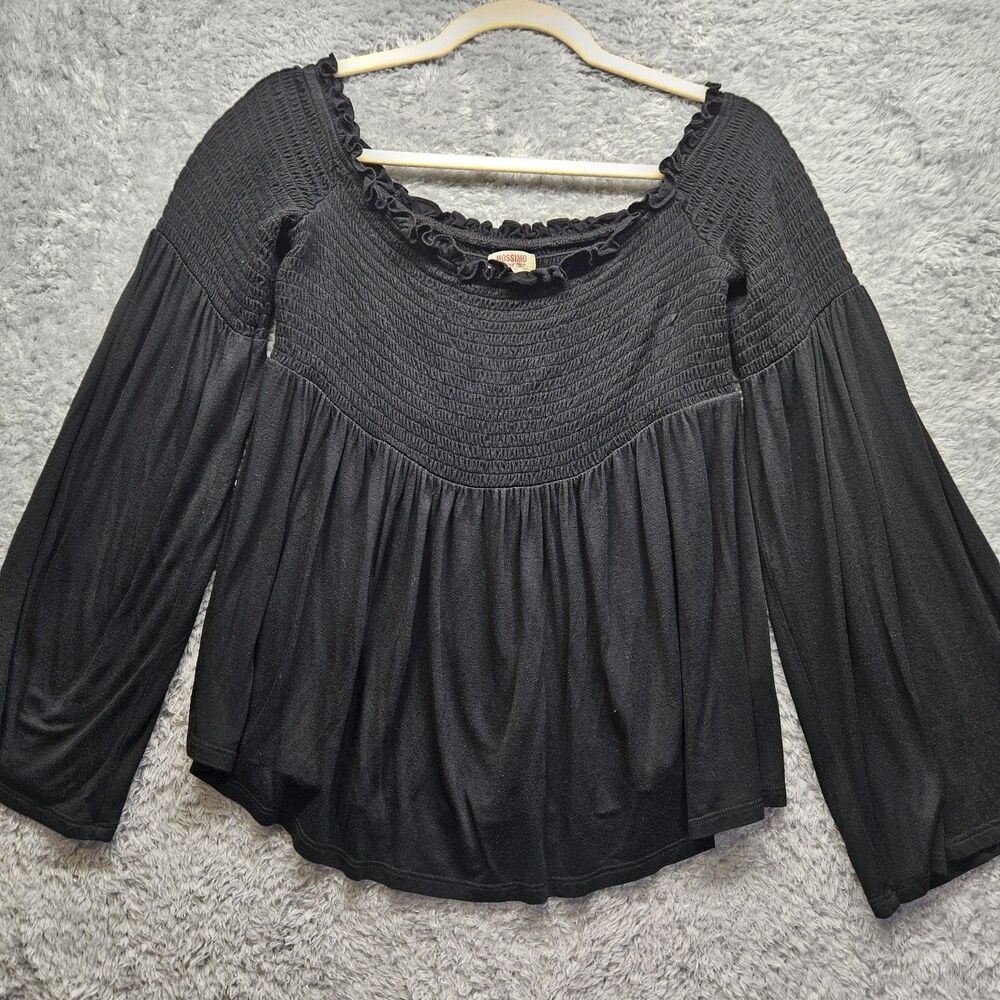 Mossimo Womens Black Smocked Shirt Medium Wide Sleeve Stretch Peasant Hippie